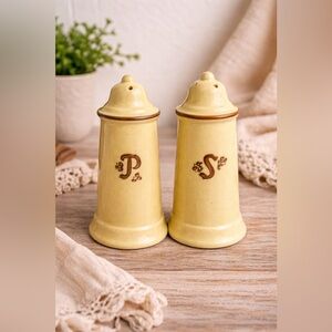 Vintage Yellow Stoneware Salt & Pepper Shakers Set Rustic Farmhouse P S